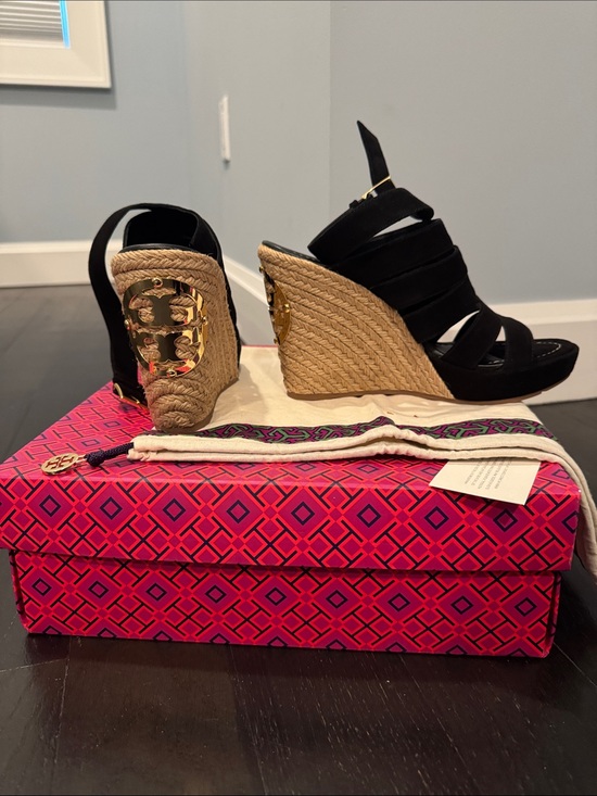 Tory Burch Shoes - Tory Burch Black Suede Espadrille Wedge Sandals with Gold Logo